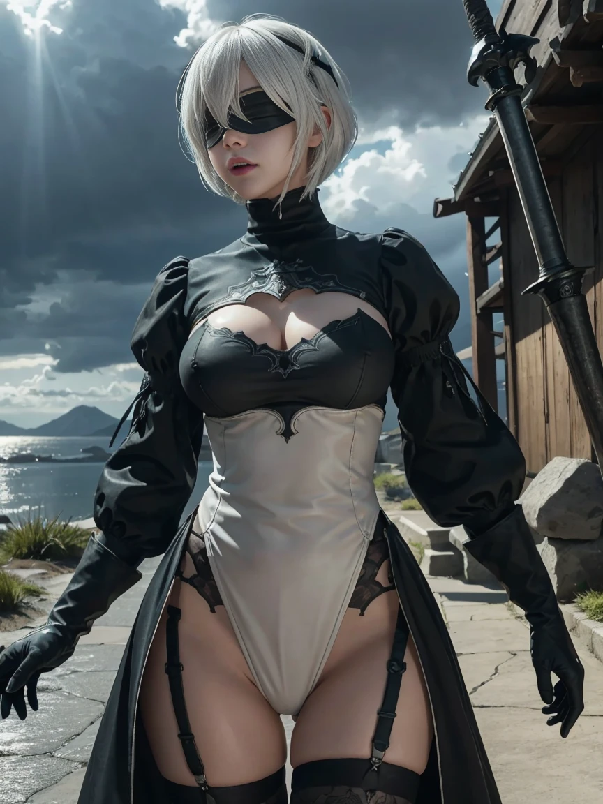 photorealistic, masterpiece, photorealistic, high resolution, soft light, hips up, yorha no. 2 type b, 1girl, black dress, black hairband, blue sky, building, city, cloud, covered eyes, debris, dress, feather-trimmed sleeves, feather trim, gloves, grass, hairband, juliet sleeves, leather, long sleeves, nier \(series\), nier automata, post-apocalypse, puffy sleeves, rubble, ruins, scenery, sky, thighhighs, thighhighs under boots