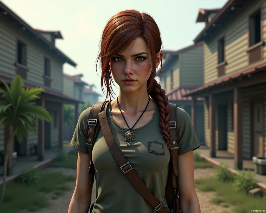 Bela jovem Ellen em hood e pleated skirt, dark tights do jogo The Last of Us parte 1, Jogo, hiperrealista, 14 anos, corpo de modelo, seios pequenos, beautiful breasts, cabelo longo, braided hair, pernas longas, 8k, detailed cenary