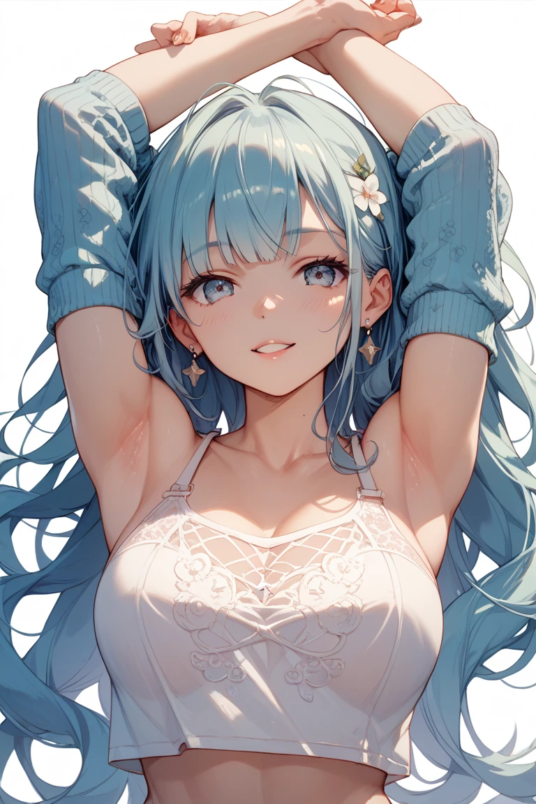 (Best quality, 8K, high resolution, masterpiece:1.2), Digital Artwork, A girl, Delicate face, delicate eyes, (Silver blue hair with pink and purple streaks:1.4), (Gradient sky blue hair:1.6), Long and straight hair, glowing purple eyes, (Red lips), Suspenders, High quality CG, feminine pose,