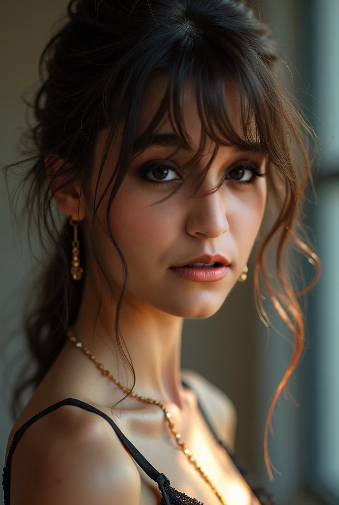in the style of Phillip DiCordia, cinematic still portrait of a young girl aged 12, long hair, perfect lips, pretty face, posing for the camera, moody, epic, gorgeous, grainy, black hair, crossed bangs, curly hair, constricted pupils, earrings, crystal earrings, seductive smile, makeup, illustration, cinematic lighting, film grain, depth of field, cropped, bust chart, wide shot, close-up, Ultra-Wide Angle, Sony FE GM, 85mm, masterpiece, highres, best quality, high details, textured skin, UHD