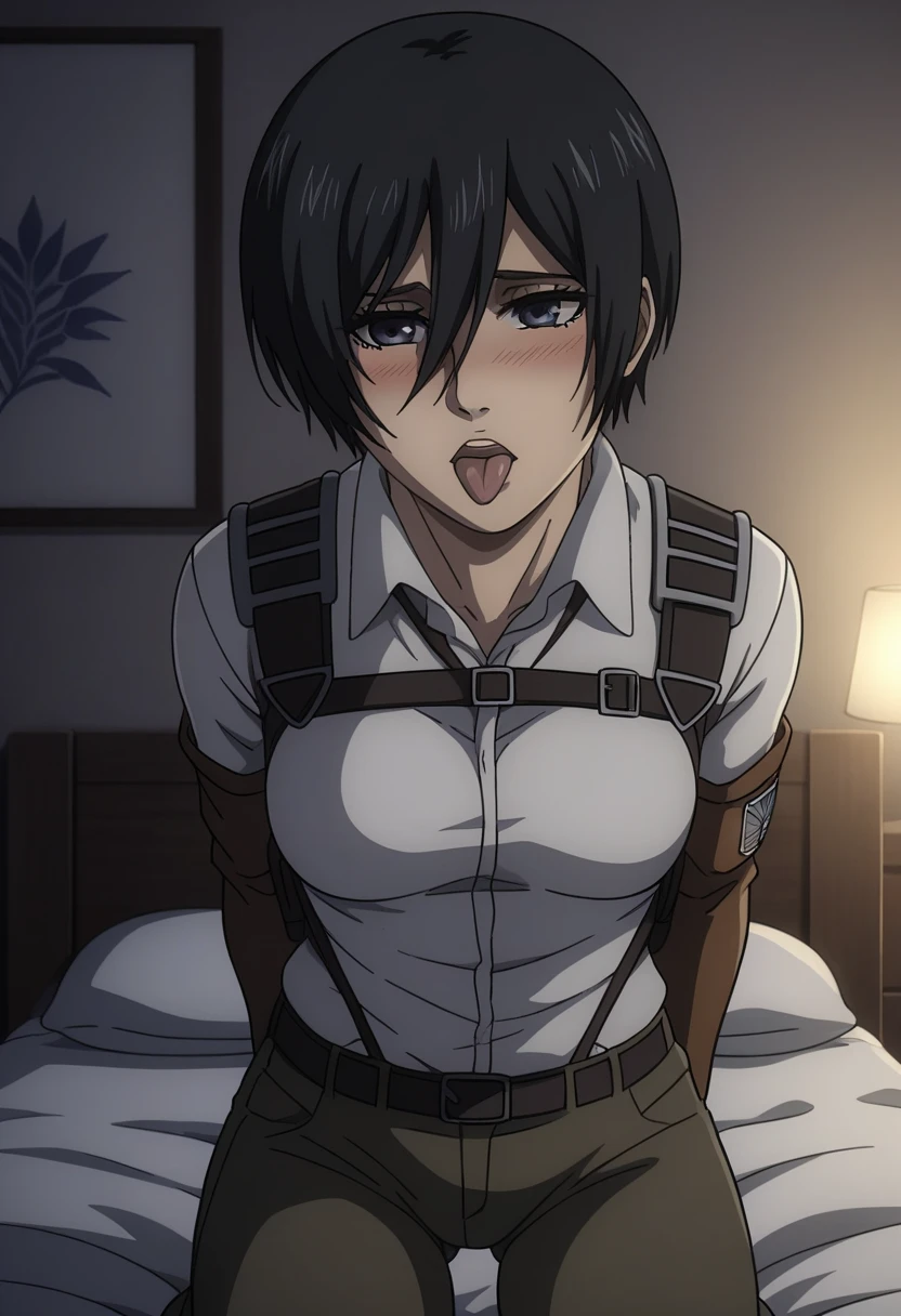 score_9, score_8_up, score_7_up, BREAK source_anime, mikasa ackrman, grey eyes, black hair, short hair, medium breasts,Mikasa wreanig black tight sport  Elastic  fiber  bra and black loose military trousers,mikasa with good looking body,perfect lighting,mikasa final season design,mikasa mappa version, mikasa kneeling on bed, Perfect generation,mikasa short hairstyle,mikasa season 4 version,attack on titan graphics,in night,HD wallpaper,perfect colors,pixie cut hairstyle, normal body size, white shirt, anime style,attack on titan season 4 style,upper body, mikasa handsome face,in bedroom,light trun off in room,mikasa alone in room,solo,1girl, shy face, (small cleavage), taking her clothes off, exposed nude  and pussy, pubic hair, blushing, condom in hand, detailed face, looking at viewer, from directly above, directly from the front, opened mouth, totally sticked out tongue, bedroom, on bed, at night, in night, no light