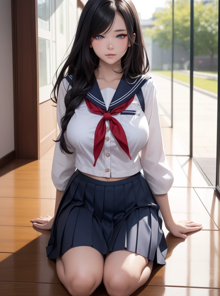 top-quality, masterpiece, (Professional lighting without shadows), A hyper-realistic, Bewitching, perfect anatomia, Two girls, (Proudly stand in front of the camera、Girl showing off ribbon tie, Another girl on the other side, Bend over and stick your butt out towards the camera), ( Huge breasts:1.2), (Bright and even whitening skin without wrinkles and steps), (Bright beautiful blue eyes with long eyelashes and red tear bags reflected light:1.3)、 (Braided half-up hair with bangs), (Although her outfit is a cramped schoolgirl uniform that fits the body,、She dresses up super mini pleated skirt length very short:1.3), (Proudly showing off a crimson ribbon tie from the front:1.2), (Another girl on the other side、To beautifully emphasize the proud ultra mini pleated skirt、Showing off a pose with the buttocks exposed from directly behind:1.2), (Beautiful face squinting in dazzling light), ssmile,
