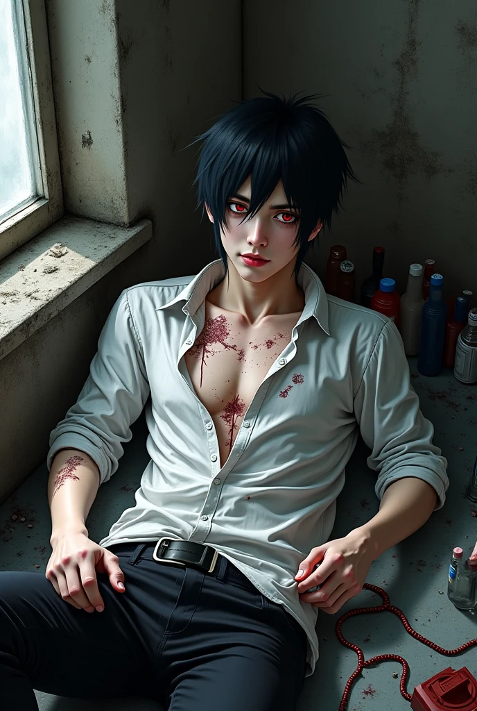 20 year old handsome manga anime vampire acid druid perfect body, sunburst pupils, male long black hair bloodied barelyscantilyclad covered by a sheet, sitting on the bed, a bedroom set up like a operating room, in the year 2050, metal container house, bio mechanical cybernetic modest hyper realistic photo realistic amazing quality steampunk black/silver dark fantasy demonic Miki Asai macro photography hyper detailed trending on art station sharp focus studio photo intricate details highly detailed by Greg rutkowski, UHD, 32k, superhyperrealisim,"