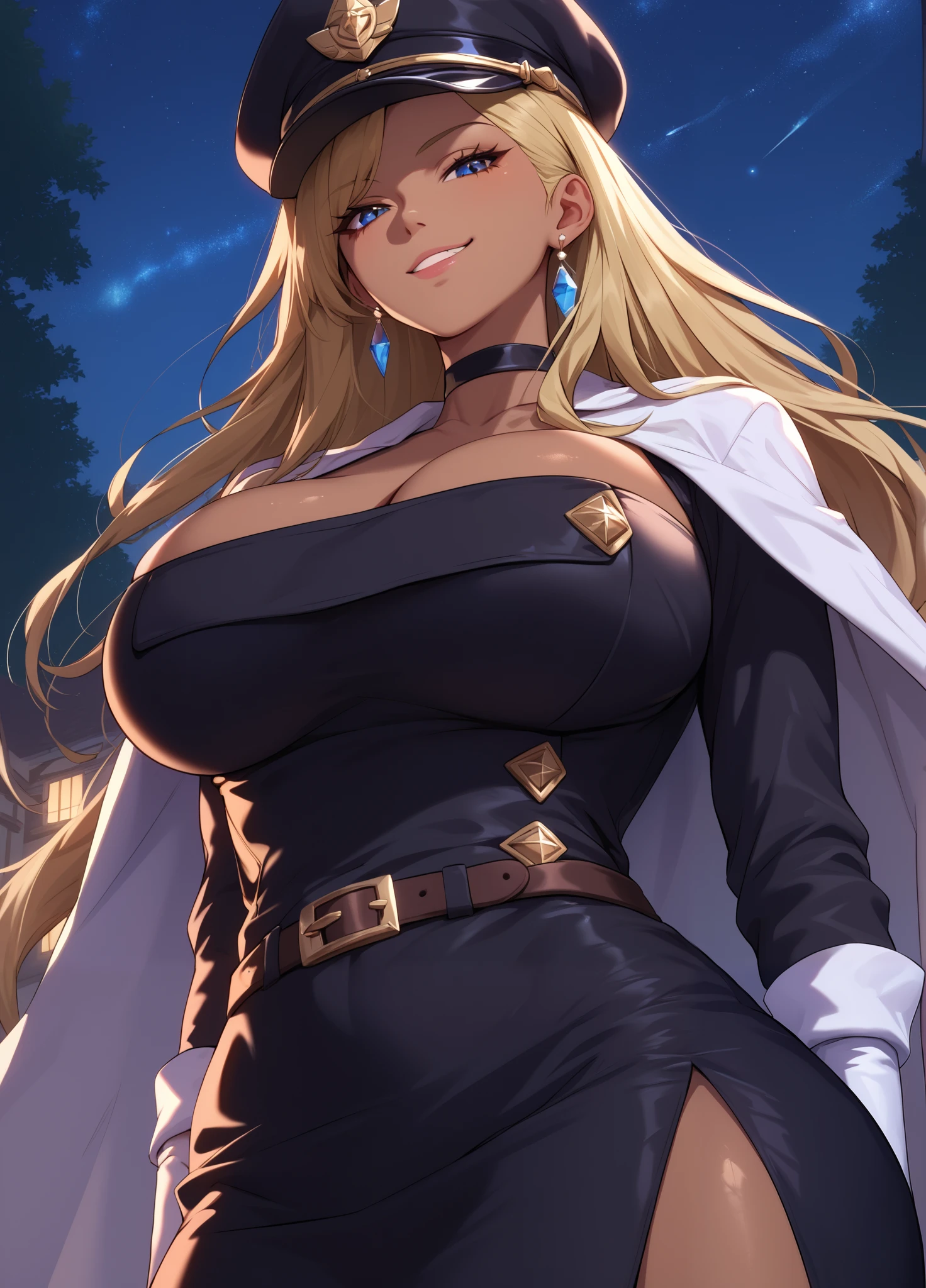 masterpiece, best quality, 1girl, solo, lydagt, dark-skinned female, very long hair, blonde hair, dark blue eyes, big breasts, peaked cap, black headwear, choker, white cape, black jacket, cleavage, belt, white gloves, black skirt, pencil skirt, looking at viewer, smirk, upper body, night, village, trees, shot from below