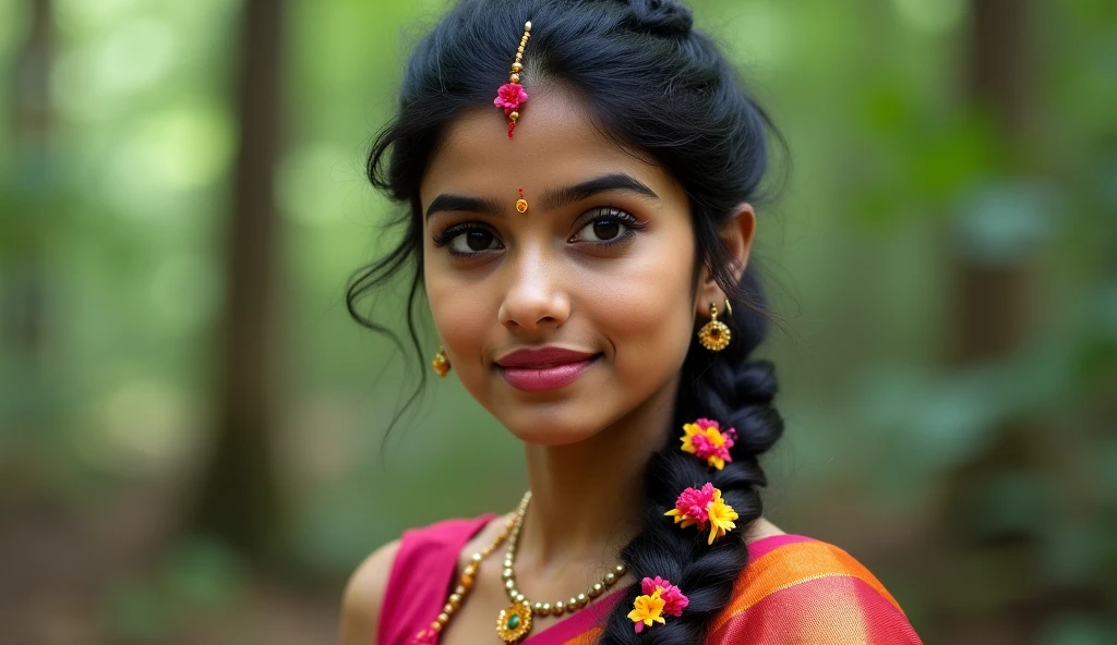 A masterpiece! A stunning Indian girl, her disheveled hair a testament to the torrential rain that surrounds her. Beautiful, detailed eyes sparkle with joy as she gazes directly at the viewer, her long locks tied back in a neat bun. She wears a casual t-shirt, slightly transparent from the wetness, and her medium-round breasts are subtly visible beneath. In a side pose, she revels in the heavy rain shower, her big cheeks flushed with happiness. The street background is a blurred Bokeh, while raindrops glisten on her skin, capturing the essence of a carefree rainy day.rain drops,paid girl , heavy rain, slightly show half nipple , very sexy (conveying love to boy friend) flowers on head