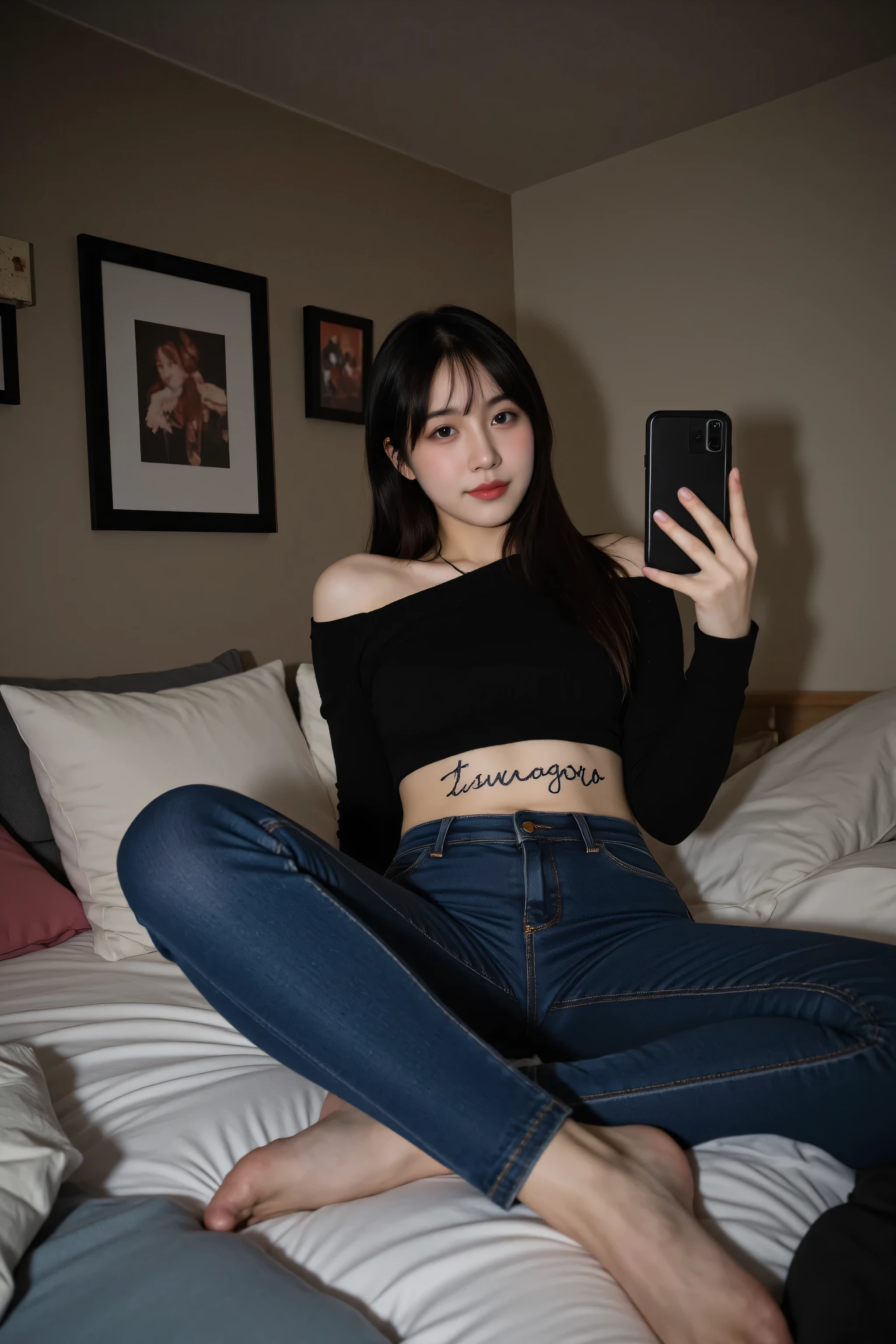 (( took an Instagram selfie in a POV with an amateur :1.5))(Camera selfie ), write “tsunagoro” on her stomach with a black marker. In a dimly lit student room ,A woman wearing a black off-the-shoulder sweater and flat shoes with blue jeans,Surrounded by cushions , without makeup , Playful smile. She has long straight black hair and bangs, Her pale skin contrasts with the bedding.Sitting. An expressionless face