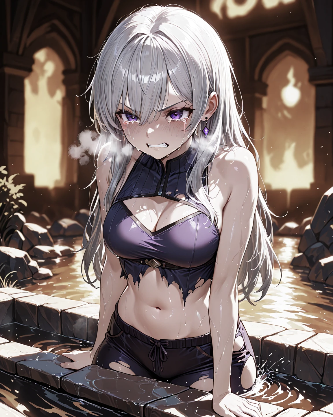 Alexia Midgar, red eyes, silver hair, long hair, extremely long hair, expresive eyes, detailed eyes, medium breasts, masterpiece, cinematic lighting, ray tracing, pool party, music, good ambiance, night, she is wearing a hot bikini and boasting about her body, well-formed breasts, well-formed buttocks, quite wet body, body focus, thick thighs, smile, sly look ,sexy pose, smug expression, shiny hair, shiny skin, full body shot, well endowed figure, perfect hands, beautiful face, spring break, neon lights, vibrant colors, depth of field, (perfect hands:1.1), sexy body, developed obliques, add_detail:2, 4k res, detailed composition, best quality, visible eyelashes, high resolution, UHD, wet bikini, putting her hands on her breasts