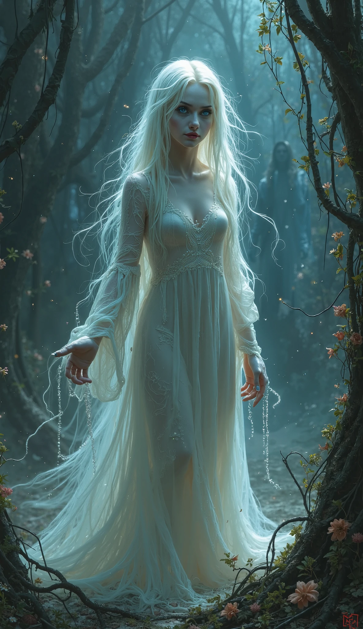 step into a realm where curses and sorrow intertwine, and there you will find a girl who has fallen victim to a wretched curse. she is known as the Cursed Maiden, her once vibrant hair now transformed into a dark and bewitched entity. adorned in a flowing white dress, she is a haunting sight to behold. her hair, black as night, moves as if with a life of its own, entwining around her like ethereal trendrils. the white dress, once a symbol of purity, now serves as a constant reminder of her cursed state. the Cursed Maiden, trapped in her own enchantment, yearns for liberation from her eternal torment
