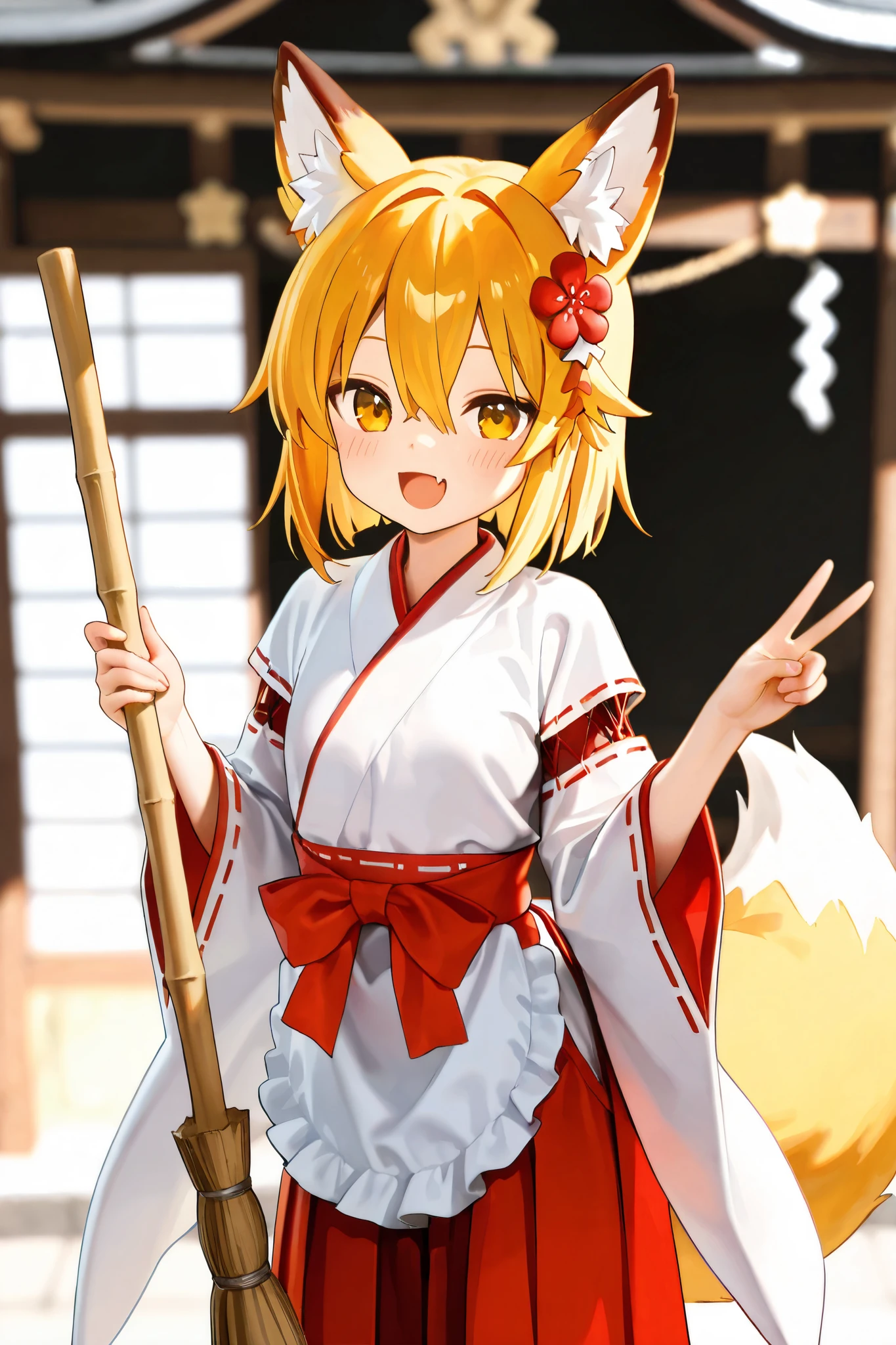 NSFW,masterpiece,best quality,high resolution,very detailed,Fairy Fox\(世話やきキツネのFairy Foxさん\),short hair,bungs、golden hair、hair ornament、 Beast Ears、hair between eyes、yellow eyes、flower、髪のflower、 Beast Earsの綿毛、fox ears、赤いflower、Fox Girl,Shrine maiden、 kimono、ribbon mesh sleeve,apron,shrine,broom,cleaning