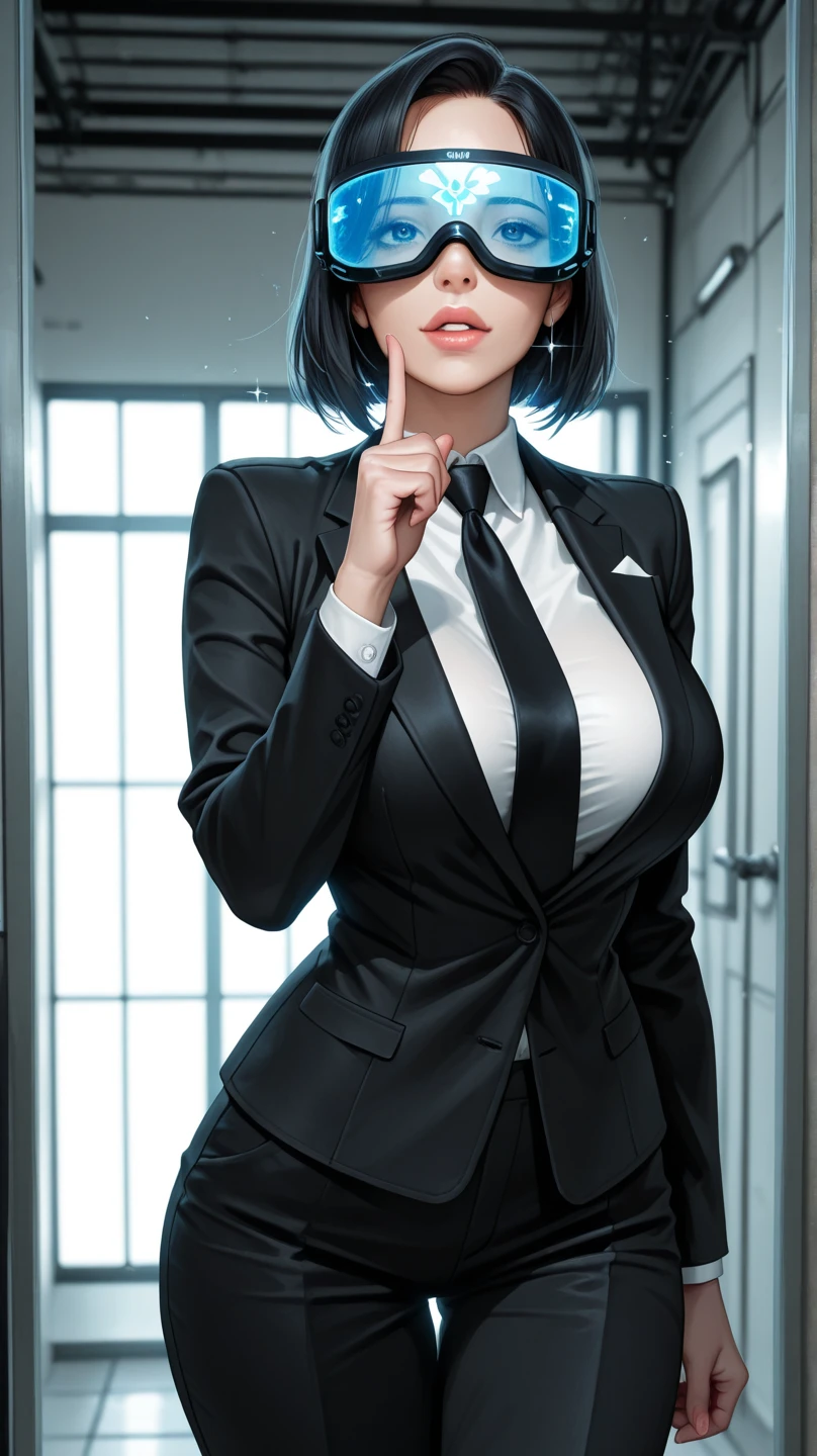 (masterpiece), (best quality), (perfect face), extremely detailed skin pores, (detailed skin:1.2), artstation, night, office, night sky,
cool girl, dark business jacket, dark business skirt, thighhighs, black short hair, straight face, light smile, standing, portrait, cleavage, Areola