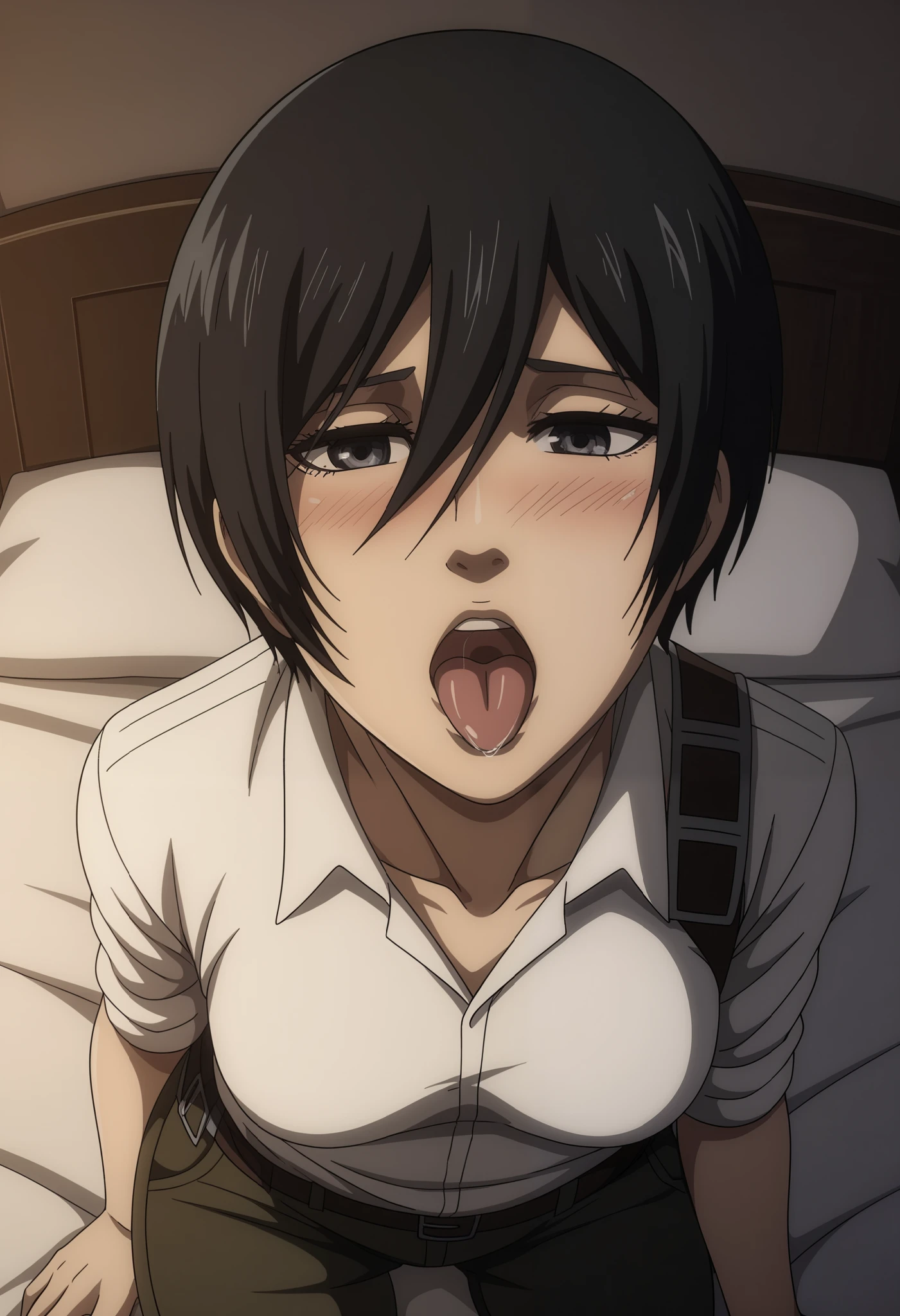 1girl, , (black hair:1.3) mikasa ackerman shingeki n,(((Sex in the missionary position:1.5))), ,(((Insert into :1.5))),Solo,Wet body,Fluid leakage from the crotch,Open her mouth wide and stick out your tongue,(Nipple ,Breast exposure,toppless :1.2),Erotic,Black hair, longeyelashes, blush,Obscene,obscenity,Fornication,fascinated expression,open her eyes,yawns,drool from the mouth,Super Detail, Best Quality, Big breasts,,(beast:1.2),Small moles under the eyes, naked, naked,