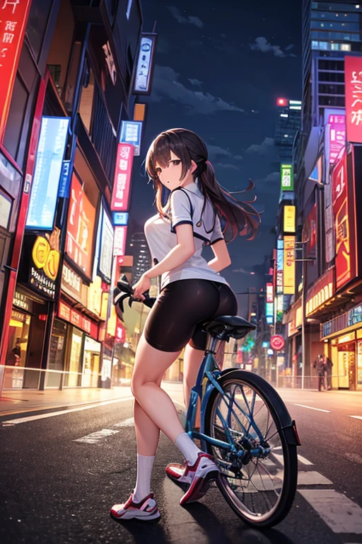 ride a cycling car、girl、shortcut、shorts、looking at the camera、light on face、Backlight illumination、Background cityscape