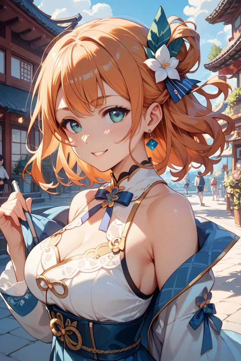 (masutepiece:1.3), (8K, Photorealistic, Raw photo, Best Quality: 1.4), Beautiful face, (Realistic face), Beautiful detailed eyes, (Realistic skin), Attractive, Intricate details,Golden ratio, 1 girl,Naughty smile, (rainbow hair:1.4),((Long twintails,Ribbon 1.4)),Yukata with a blue butterfly pattern,(Blue Butterfly Hair Ornament 1.3),cleavage,Dynamic Pose,Dynamic Angle,Intricate details, Hyper realistic、only face、A smile、Smiling、Face enhancement、Lots of fireworks(1.5)