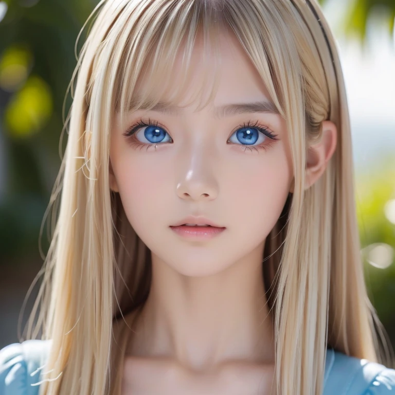 A perfectly beautiful face、Super long messy silky beautiful blonde、Beautiful cute girl 15 years old、Sexy and very beautiful cute face、Beautiful cute sexy bright pale sky blue big eyes、Long beautiful bangs、Very super long beautiful blonde shiny silky hair、Very white skin、Cheek gloss、Glossy Skin、eyeliner、A peerless beauty、Hair above the eyes、片Hair above the eyes、Hair between the eyes、