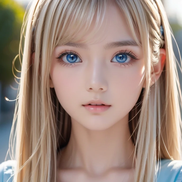 Very beautiful face、Long bangs flowing in front of the face、Beautiful pale light blue eyes hidden by her bangs、Very cute beautiful face and very radiant skin、Bangs between the eyes、snow-white beautiful skin、very beautiful pale light blue eyes,、Beautiful very long straight silky pale golden shiny natural platinum blonde hair、Cute 14 year old blonde beauty、Round face、Such a cute little face、Bright expression、Big eyes and well-defined double eyelids、eyeliner、
