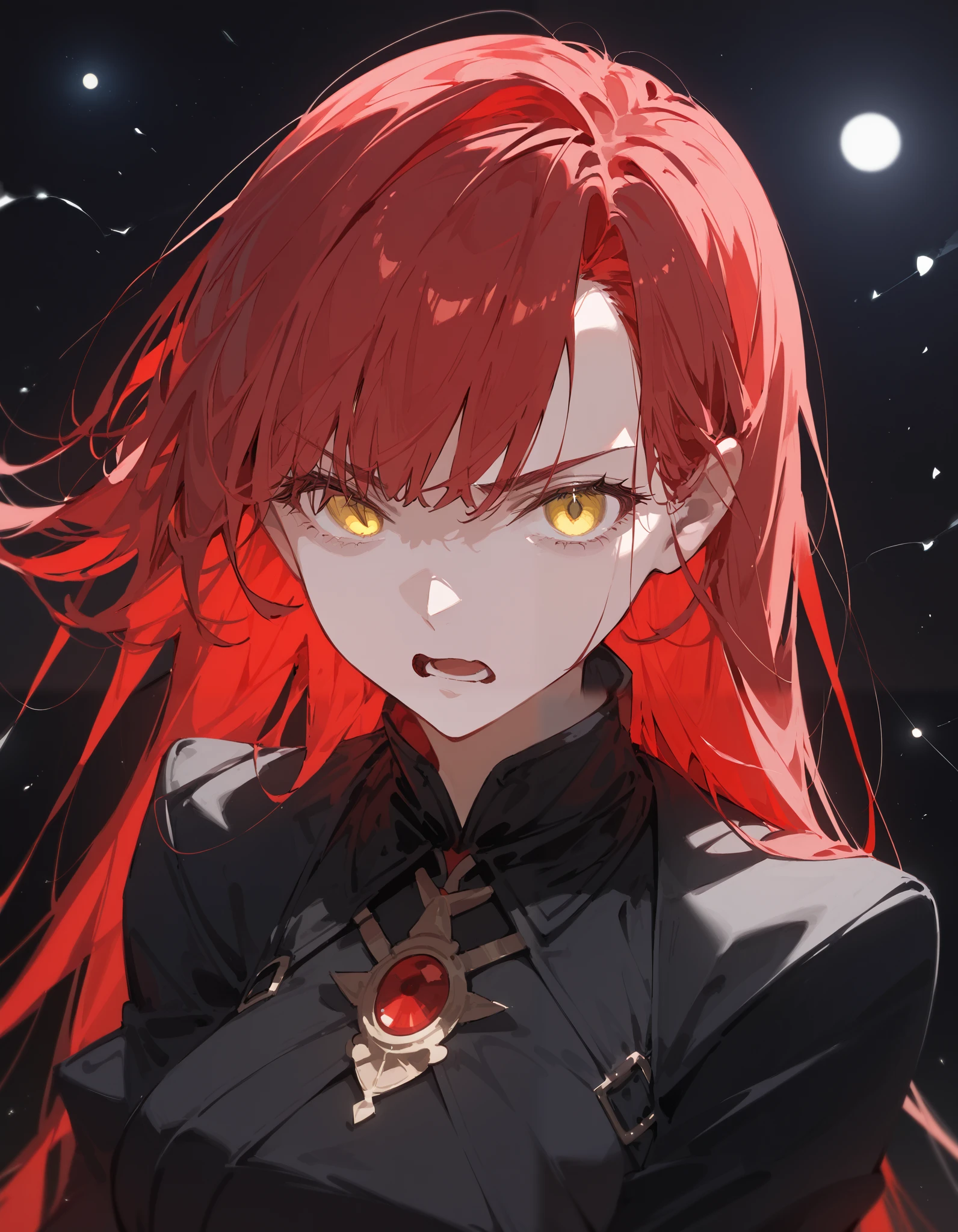color scheme,,red hair,Light hair color,Black two piece set,sit,black background,Fierce face,long hair,cute, Small Straps, Open Shoulders, Moon Red ,in yellow eyes, princess ,polite,in the empty eye,long skirt,milf,thin,Black suit,Upper Body Shape,in the empty eye,Black Draped Dress, Sleeveless Top,Open your mouth,serious page