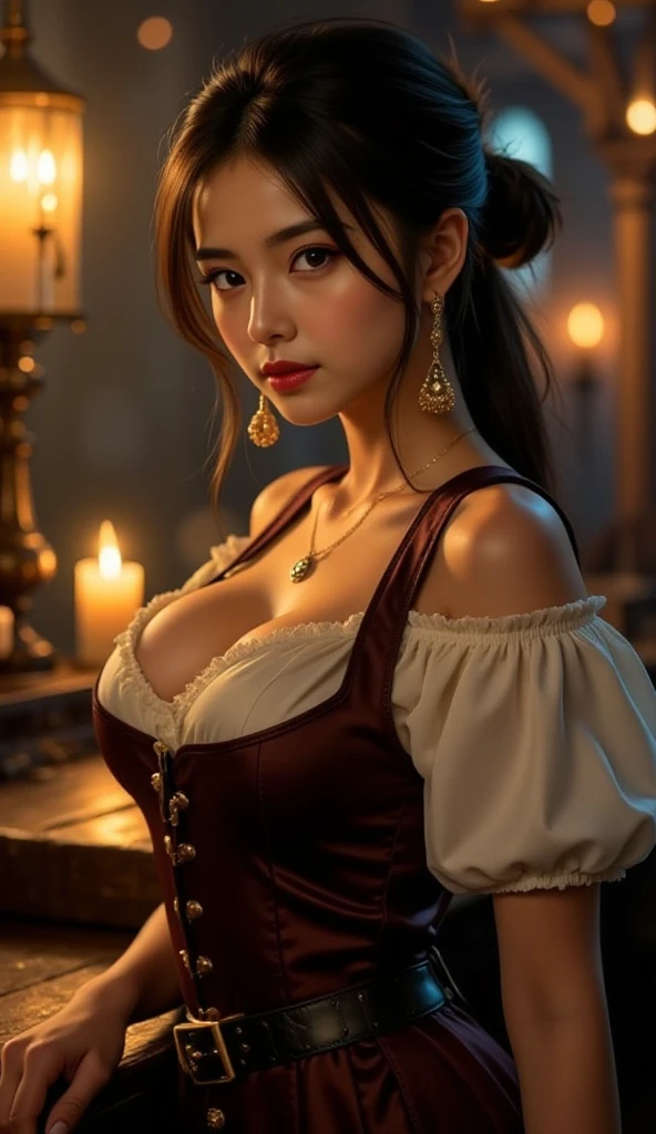medieval clothes, 12 years old girl, huge gigantic lifted squeezed breasts, dark lipstick, innocent face, huge sexy wet lips, huge red hot lips, hot, small weist, corset, innocent girlish hot smirk, exposed shoulders, in a medieval gala dress, kind, shy