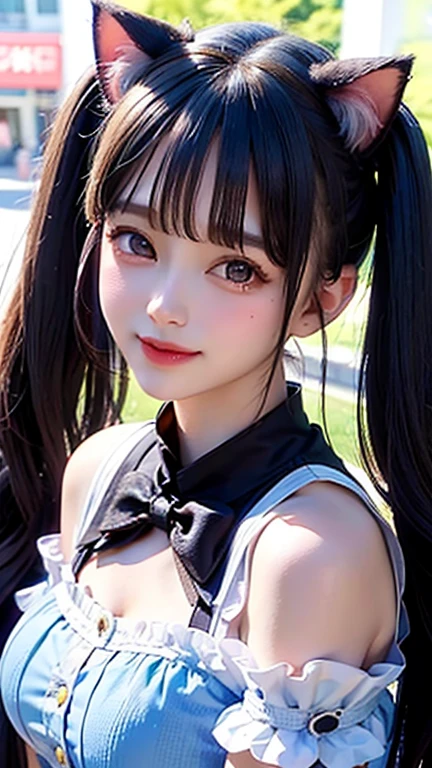 (Raw photo:1.2), (Photorealistic:1.4), Beautiful detailed girl, twin tails, swimsuit, highly detailed eyes and face, beautiful detailed eyes, smile, huge file size, ultra detail, high resolution, highly detailed, best quality, masterpiece, illustration, cg, unification, fantastic, fine detail, highly detailed cg uniform 8k wallpaper, light on face, movie lighting, 16 year old girl, Sexy Pose, Maid