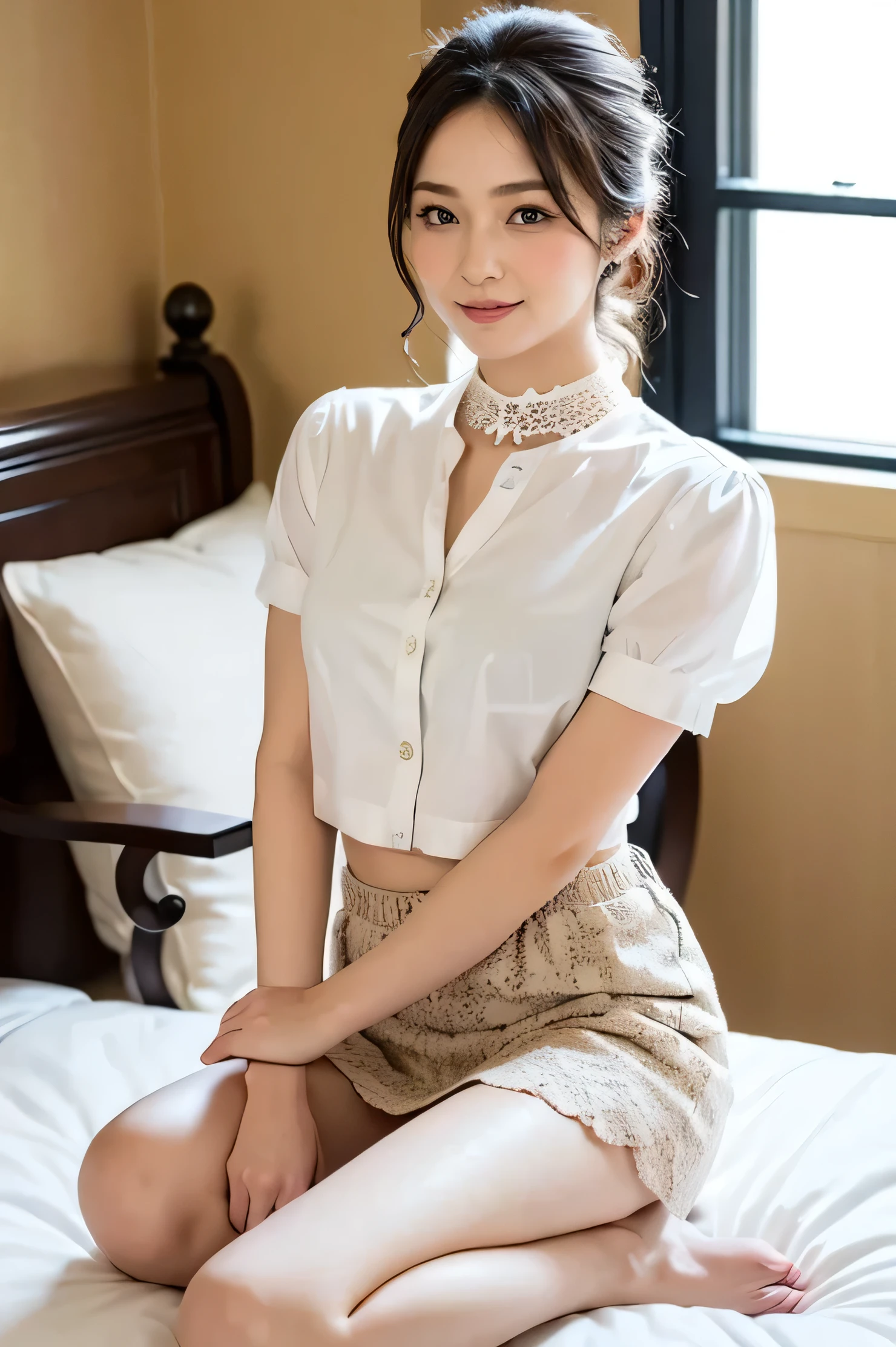 beautiful 20 year old woman , ( her face size :0.2)、 Picture of a woman with a very small head , 、 Best Quality 、HD quality、 Best Quality Masterpiece , Ultra-accurate ,( beautiful girl :1.0) , x} I'm wearing an oversized white blouse with an elegant ruffled hem and a flared white skirt with a slit 。、He has a white lace choker around his neck。、I have a lace anklet around her ankle。、( her torso length :1.5)、 backlit or semi-backlit pictures 、 Standing on one knee on the bedroom sofa、 full body photo、 she's skinny 。、 how small her head is compared to her width .、She will grow her hair、 white skirt、and、oversized、(The shirt has a long hem:1.4), chignon style hairstyle、Photos from head to calves、