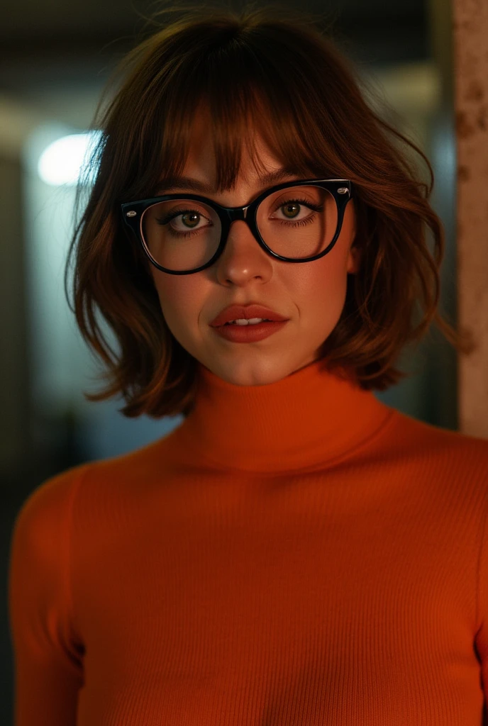 ((masterpiece, best quality, ultra-detailed, ultra-HD, photorealistic, cinematic)), (close-up camera shot, from below:1.2), (twerking, sensual pose), (alluring and voluptuous female as Velma Dinkley:1.2), perfect anatomy, perfect face, proportioned hands, (deep shade of auburn with a slight natural wave hair color, chin-length bob with blunt bangs hairstyle:1.3), (retro-chic style outfit, knee-length and maroon turtleneck dress), (a matching maroon belt that cinches at her waist:1.2), (thick-framed black square glasses), (wears knee-high, mustard-yellow socks that peek out just above her brown, sensible lace-up shoes), (sports a delicate, gold pendant necklace with a small magnifying glass charm), (vibrant orange cardigan slung over her shoulders), she is in a haunted house, creepy house, scary house, scary mansion, dark stairs
