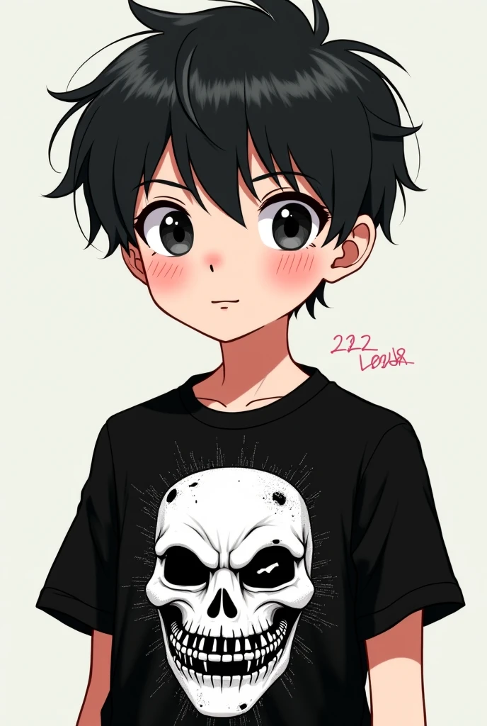 I want a boy with black hair in a cartoon style and who has a t-shirt with a skull hand in the heart area drawn on the t-shirt and for the t-shirt to be black