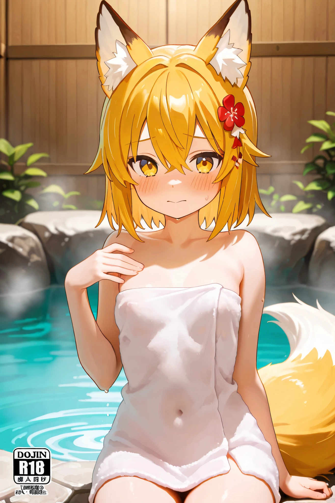 NSFW,masterpiece,best quality,high resolution,very detailed,Fairy Fox\(世話やきキツネのFairy Foxさん\),short hair,bungs、golden hair、hair ornament、 Beast Ears、hair between eyes、yellow eyes、flower、髪のflower、 Beast Earsの綿毛、fox ears、赤いflower、Fox Girl,bath towel,Hot Springs,cover,shy face,shy laugh