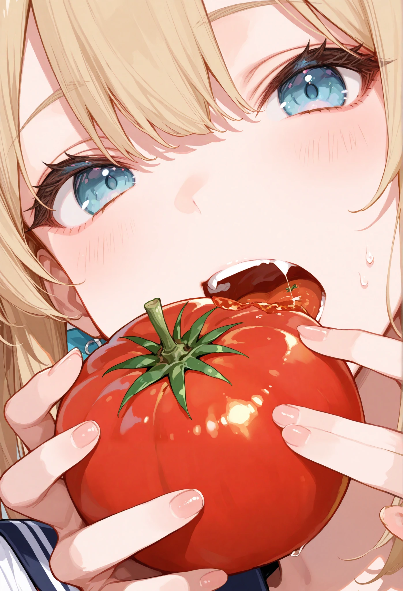 A girl opens her mouth wide and eats a tomato with fang, Face close-up