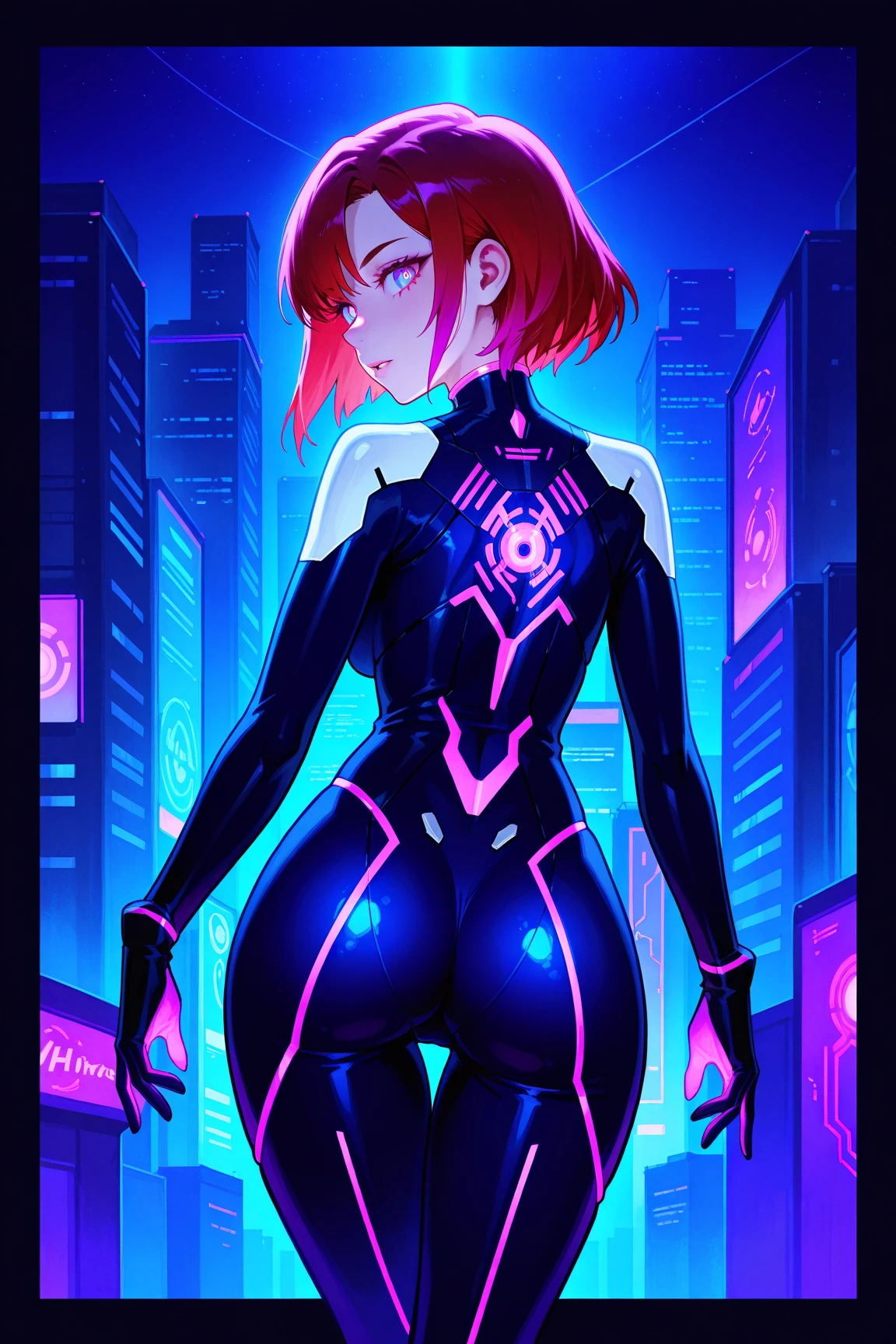 ultra realistic 8k cg, masterpiece, ((ultra detailed background, intricate detail, highly detailed, fine details best quality, hyperdetailed face)), gigantic breasts ,beautiful lighting, absurdres, BoaHancockV2, 1girl, solo, (red hair: 1.4), long hair, jewelry, closed mouth, ), (black Spider-man costume, curvy, shiny clothes), blue eyes, complex detailed background, outside, standing on top of buildings at night), ((cowboy shot)), curvy, (gigantic breasts: 1.1), seductive smile, cowboy shot, curvy ass, big butt, bubble butt,