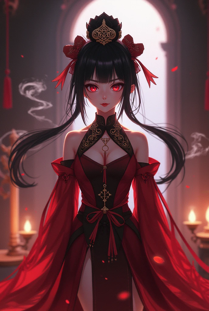 beautiful girl with Chinese styled hair, red eyes, fox ears and a black fox tail, wearing a extravagant off shoulder Hanfu dress, hyperrealistic, highly detailed, 8k, photorealistic, intricate, cinematic lighting, dramatic lighting, scenic atmosphere, warm color palette, cinematic pose, elegant, mystical, magical, fanciful, ethereal, fantasy art, Beautiful Chinese trees scenery 