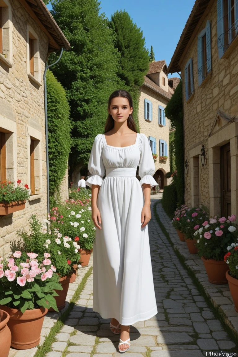 Lucie devant sa porte d entée de sa maison qui a l air timide/gené toujours en robe bordeau