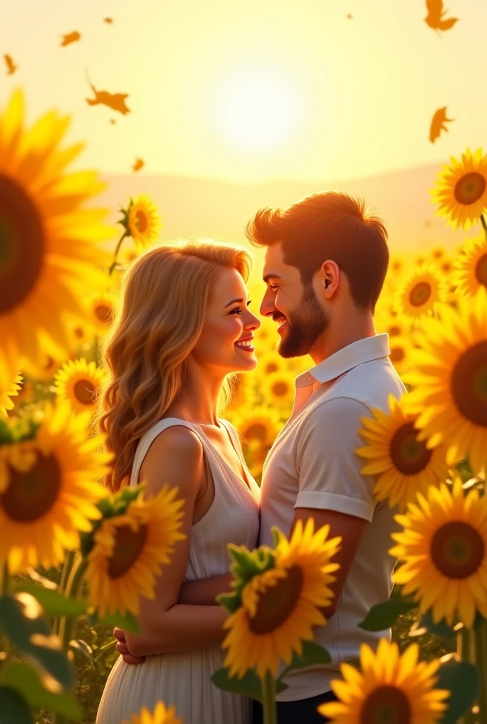 Generates an image of a teenage girl with shoulder-length wavy light brown hair with big light brown eyes being hugged and watched by her big-bodied dad with uncombed, dark brown hair wearing square glasses with a shaved beard and a black and red thick vertical striped t-shirt in a field of sunflowers 