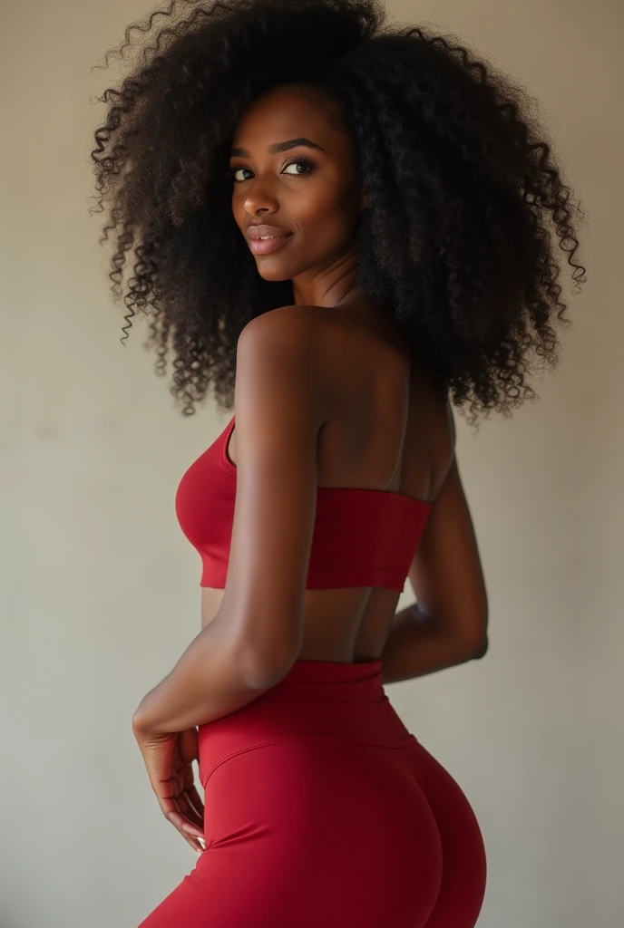 A 24 year old girl with black skin and green eyes , very sexy with a little medium big butt, with afro hair , photo entière en maillot de bain rouge