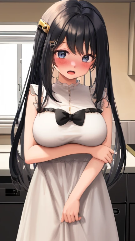shiba miyuki, Black Hair, blue eyes, Long Hair, hair ornaments, Blunt bangs first, high, large breasts , cooking, empty eyes, ConcertHole, 1girl, , bar counter, hair band, pool, church, hair PIN, , nsfw、 Nipples