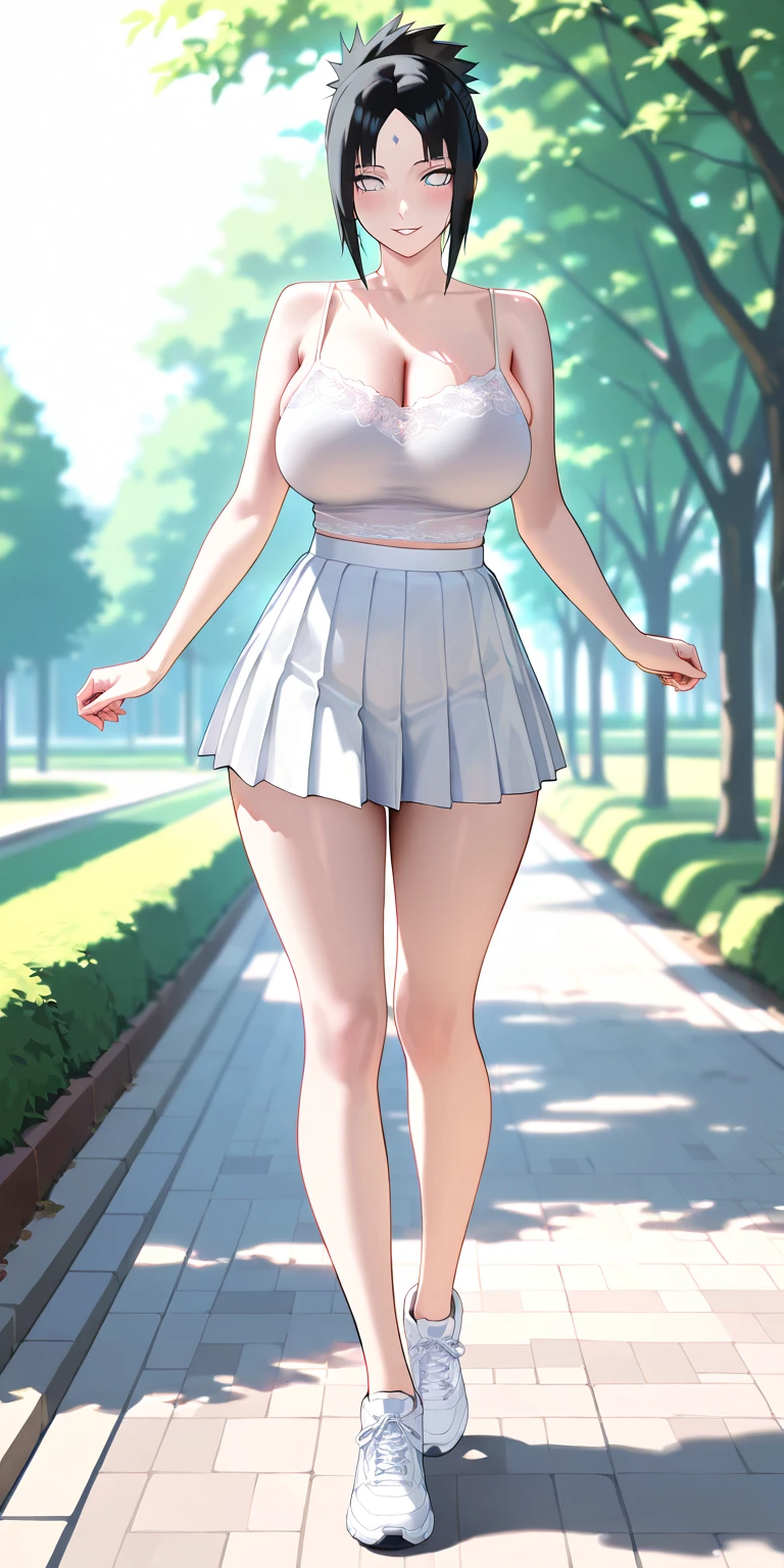 1girl,25yo, she walks on the driveway on leaving the house all happy.
She is beautiful, in a light-coloured dress, very short and very low-cut, which shows off her curvaceous shape, her large breasts, her pronounced hips and narrow waist. A brightening smile and her blue eyes shining with joy, adorned with light make-up, thin eyelashes, a fine, upturned nose and her brown hair fluttering happily.