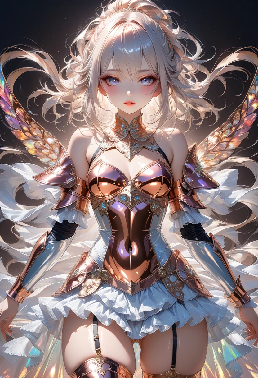 (((Tabletop))), (((Highest quality))), ((Very detailed)), (Very detailed photos), ((Very delicate and beautiful)),(Cute delicate face),here is a digital art of a very futuristic looking female that has armor and armss, One girl, arms, alone, sf, Holding, Holding arms, roboT,Beautiful face and eyes, double eyelid,Delicate skin,Slim figure