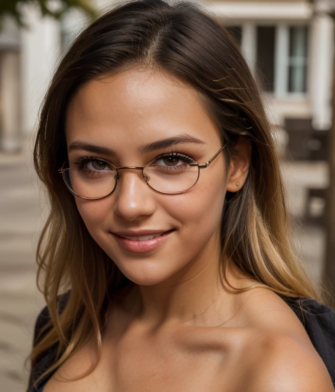 1 girl, age 14, Single, Aesthetic work of art, Slavic appearance, cute round face, round cheeks, round chin, beautiful proportional small wide nose, plump sensual lips, Absolute absence of cosmetics and make-up, very realistic short tousled brown tousled hair, Realistic brown eyes, realistic glasses with distorting lenses, velvety tanned pubescent skin, runner&#39;body, (textured leather, skin pores:1.1), goosebumps, Wear only a training shirt, I don&#39;t wear a bra because it&#39;s hot, I don&#39;t wear panties because it&#39;s hot, Very good, breast exposure, sexy pose
