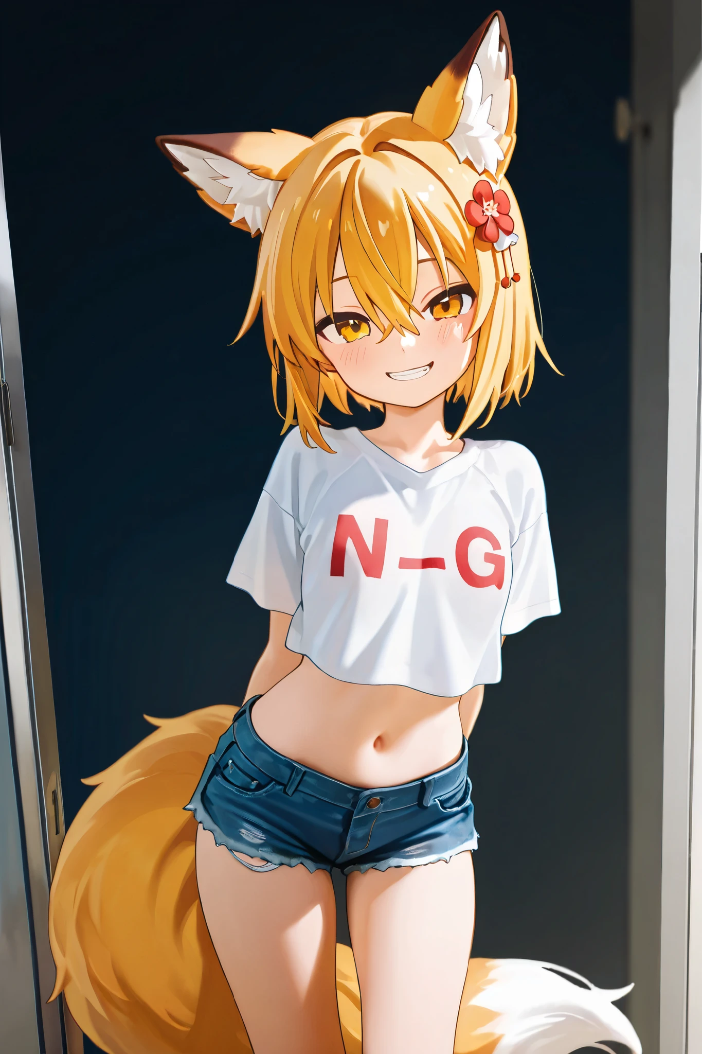 hairy, brown fur, ultra cute face, orange eyes, medium hair, medium breasts, dark brown elements in the fur, bright t-shirt, beautiful lights and shadows, ambient light, ultra detailed hair, volumetric light, cute tail, low-cut t-shirt, cute panties