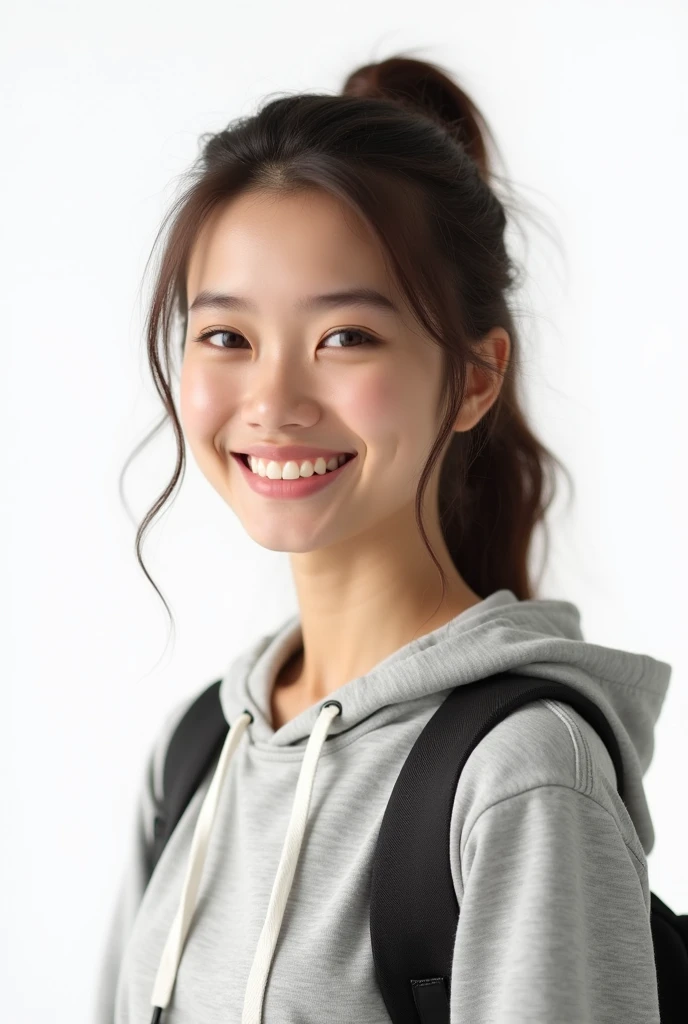 (Highest quality, 8K, 32k, masterpiece, Ultra-high resolution:1.2),Beautiful Japanese Women Photos, Rainbow clothes、Rainbow hoodie、Large Breasts, Very short bob hair,Gray Hair, necklace, Simple Background, From above, View your viewers,White Hair、White background、Colorful clothing、whole body、whole bodyのポートレート、piece