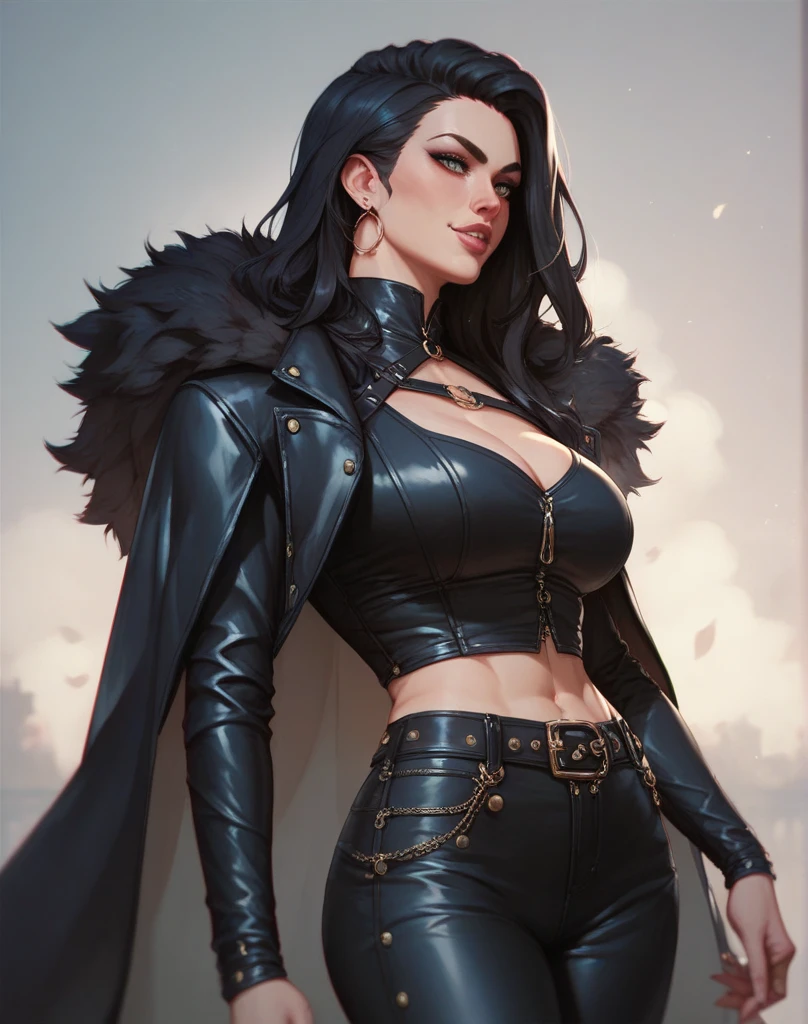 um close up de uma mulher de terno preto e capa, femme fatale, pelo cobrindo seu peito, Aeon Estilo Flow, Neo - Estilo Preto, Neo Estilo Preto, style mix of æon flux, style is a blend of æon flux, olhar, Chega de Heroes Concept Art, female spy