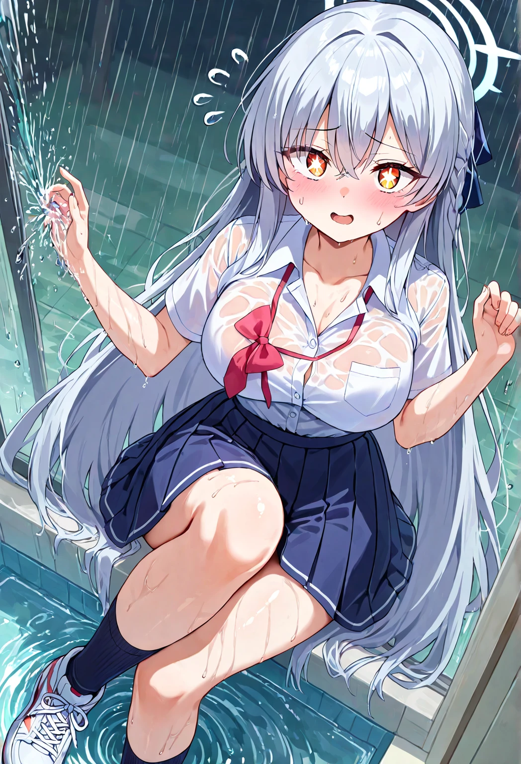 :D、School Anime Cat Girl、Blue skirt、White hair、Pink boots、wet rain、Night city、uniformed、Wet clothes、skirts、Visible through clothes、camel's toes、lift skirt yourself、little breasts、(nsfw:1.2),Water droplets、Glowing water splashes、Clean air、Splattering water、Shining water, anguish