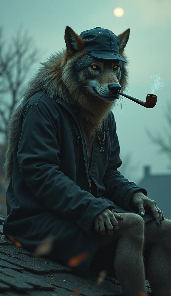 Werewolf On Rooftop A werewolf in a cap smokes a pipe on the roof of the house - SeaArt AI