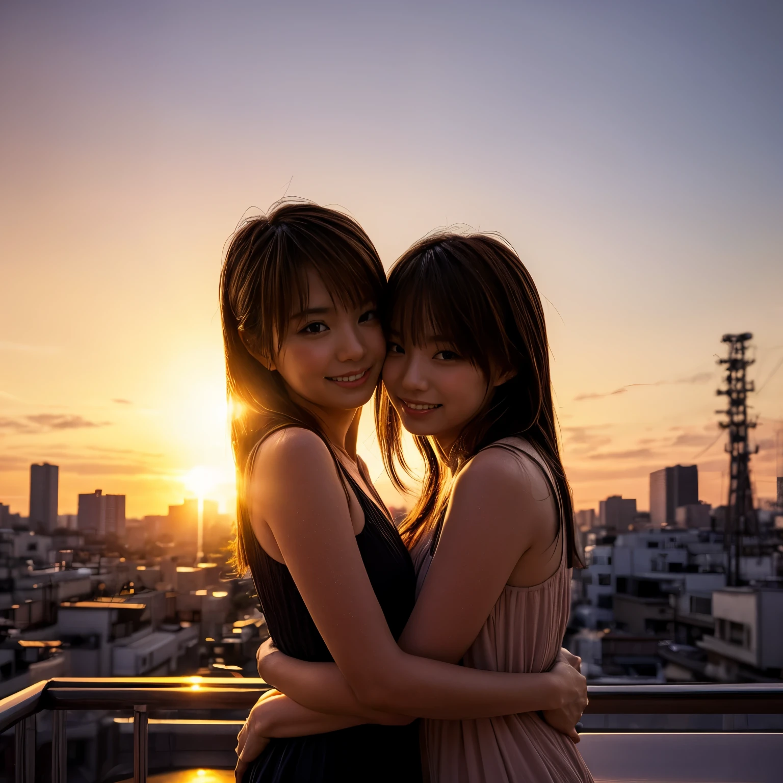 "High-definition image of twin sisters hugging on a Tokyo rooftop at sunset, their silhouettes blending into the golden sky, their expressions full of warmth and tenderness."