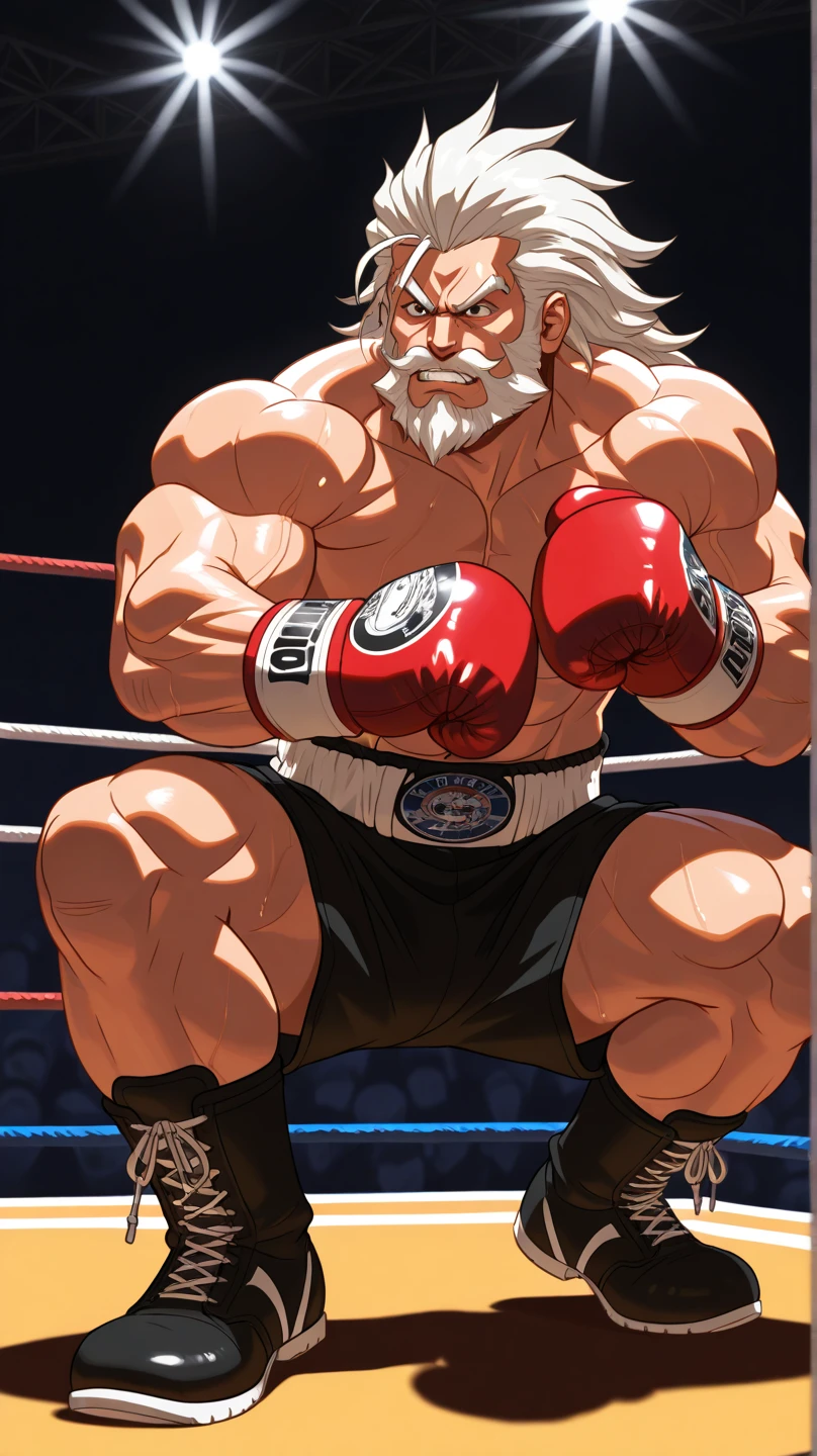 (1old man:1.4),solo,large penis, covered penis,dark-skinned old man, interracial, laughing ,(He wears boxing shorts),topless, Boxing Gloves, looking at viewer, (((standing))), fighting stance, (wrestling ring),(((masterpiece))),(((best quality))),((ultra-detailed)),(illustration),((an extremely delicate and beautiful)),(detailed
background),