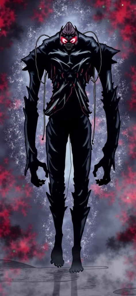 A dark, eerie scene featuring a character with white hair and red glowing eyes. The character is wearing a black outfit with a high collar, and a black mask covering the lower half of their face. The background is dimly lit, adding to the mysterious and ominous atmosphere. The character's red eyes stand out prominently against the darkness. The image is vertically oriented.One boy