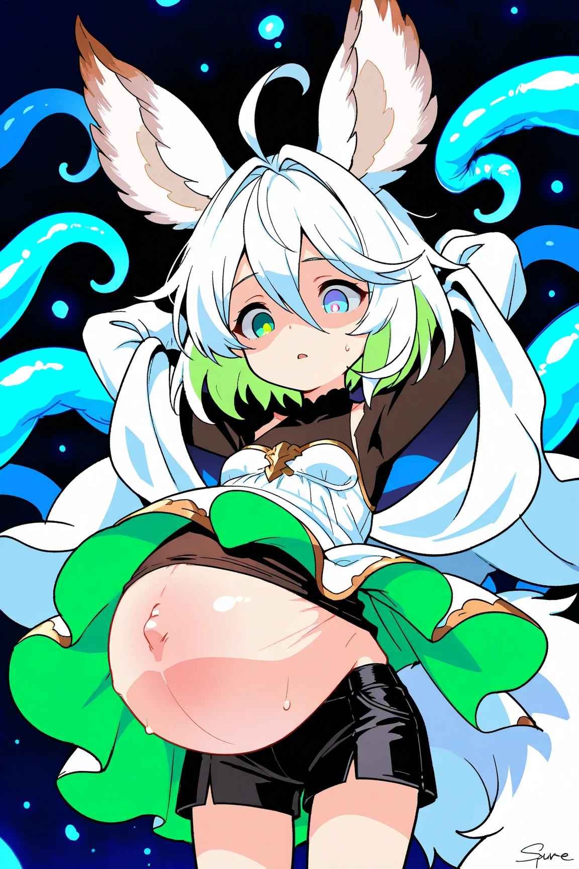 whitening skin, Height: 160ck,Completely naked,cute face, white hair with twintails, green hair band,cheeks turn red, anime style, Hold the baby bottle in one hand with your body facing backwards,