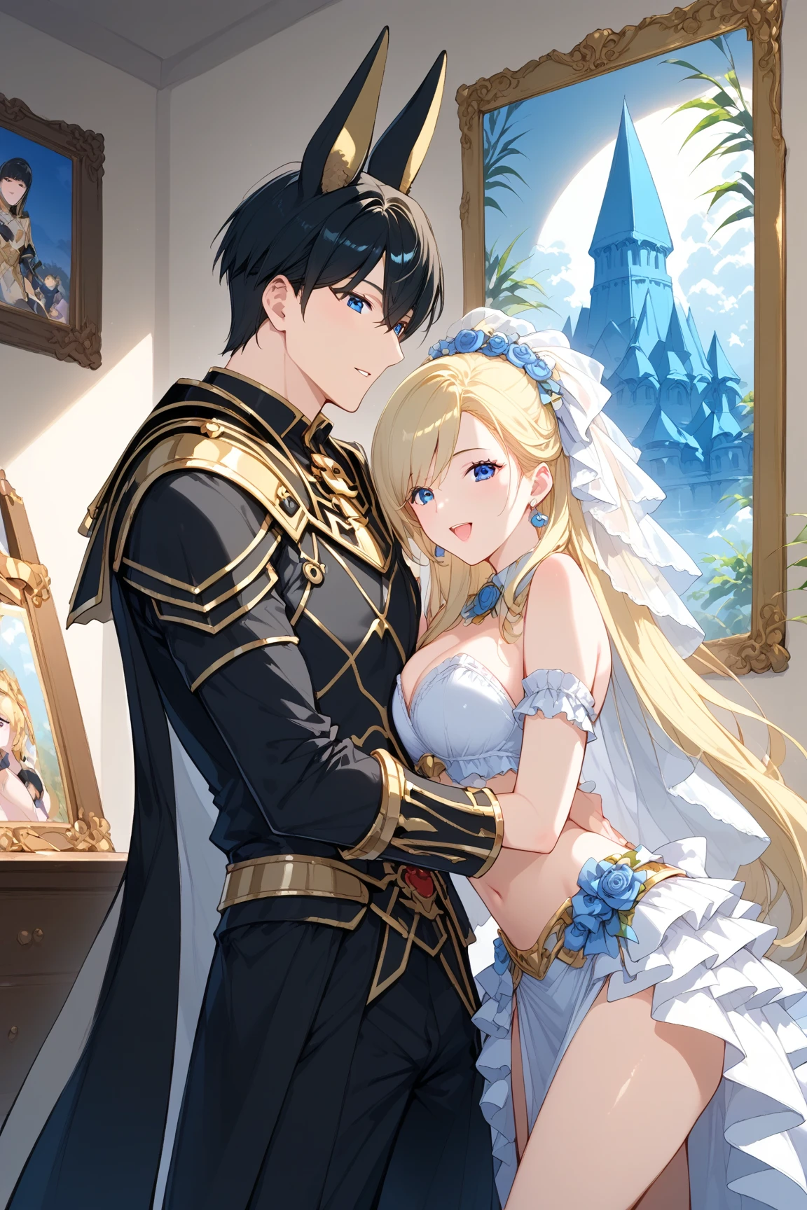 Cristalina, 20 years old, long blonde hair, light lilac eyes, huge breasts, open white dress. Prince 24 short dark blue hair purple eyes his prince charming clothes, Cristalina using her possession crystal while kissing the prince in the garden alone in the dark.hentai