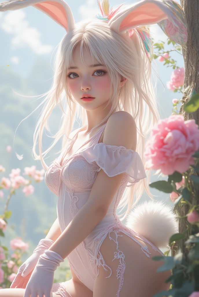 a woman with long curvy platinum blonde hair and white flowers in her hair is laying down in a field of white flowers, the woman with golden eyes and delicate curves, the discreet smile that stands out on her doll-like lips, at her side a black cat with a red bow around its neck, the black cat is on her lap receiving affection and wearing a crown of white flowers, attention to detail, sharpness, vivid colors, focus, realistic details, ultra hd, dynamic poses, (amy sol:0.248), (stanley artgerm lau:0.106), (a detailed painting:0.353), (gothic art:0.106)