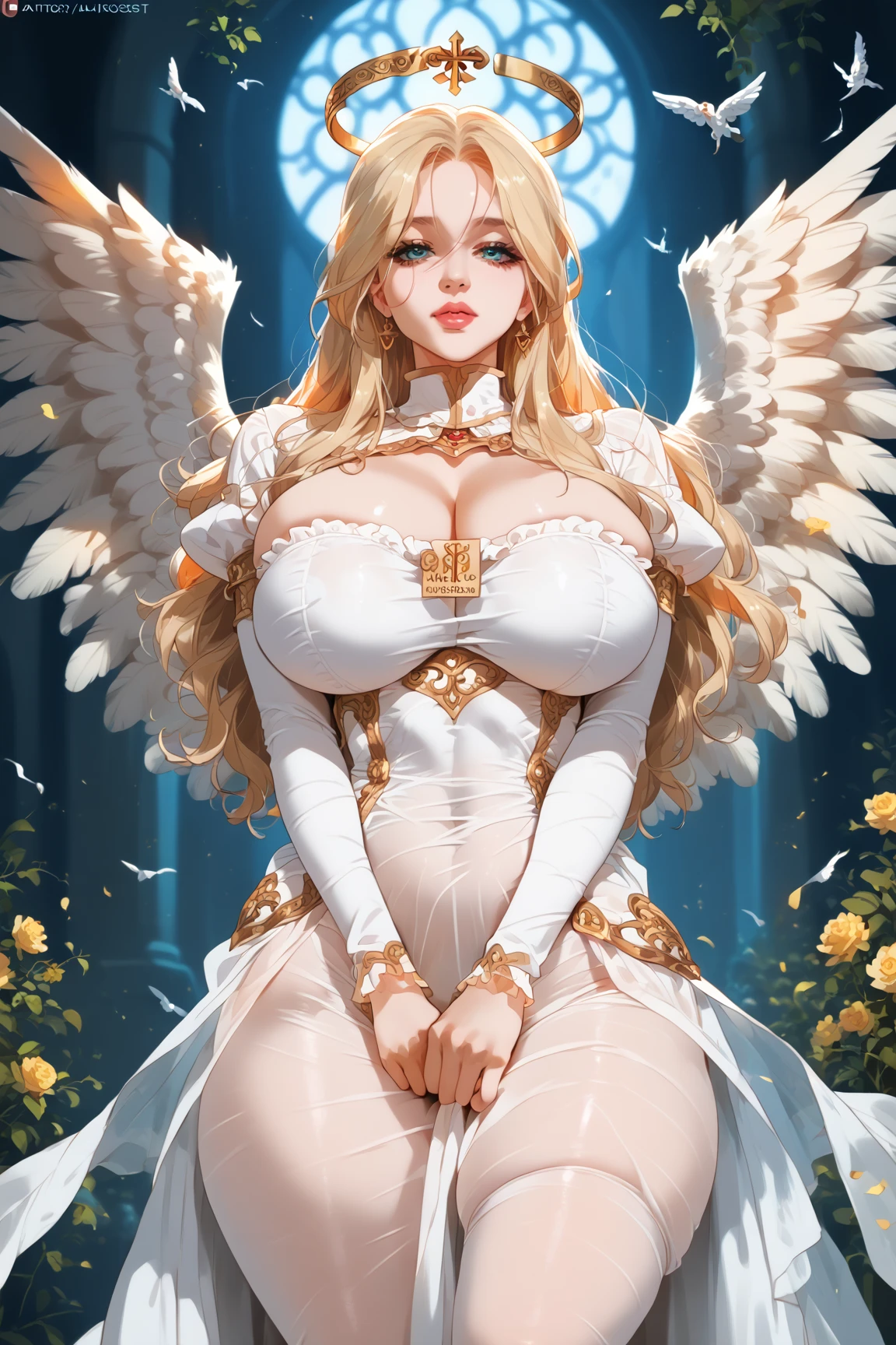 (Kate upton is a celestial angel) (bright glowing grey eyes), (eyeshadows make up) (red lips), (with innocent gaze) (very long hair)((very huge breasts)) (perfect slim body) (wearing a transparent white dress with gold ornaments, white gloves and white stockings, showing a tiny underwear under her skirt) (she have a halo of light over her head and big light white wings), (with a white background and reflectors of lights on her), (high definition, amazing lights and shadows)((masterpiece))(8k)(perfect face) (perfect hands), ((NSFW)), (((accurate anatomy))), ((wide hips)), (((Huge breasts))), ((long legs)), (((Massive Female Bodybuilder))), ((((Muscular Legs)))), (((((Huge Muscles)))))