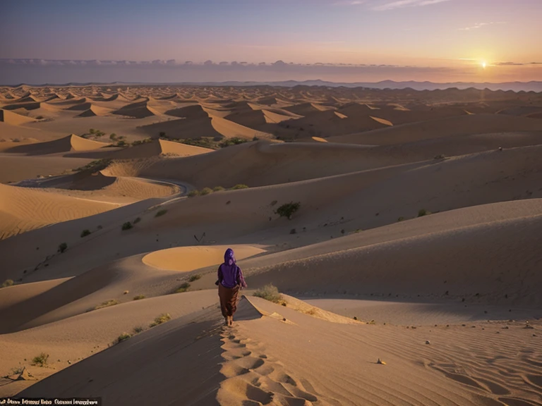 an upright Muslim individual standing in the middle of a vast and barren desert. Around it there are several thin and dry date palm trees