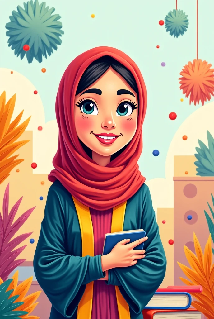 Realistic Karikatur, A women wearing hijab, pastel brown color hijab, wearing black graduation hat, wearing pastel blue graduation hood with yellow color on the edge, wearing black graduation gown, Long graduation gown that covers the ankles, wearing black shoes , women shoes, rice field background with flowers , wooden house background, waterfall background,mountain background, Bicycle background with flower basket , kawaii theme designs, kawaii poses